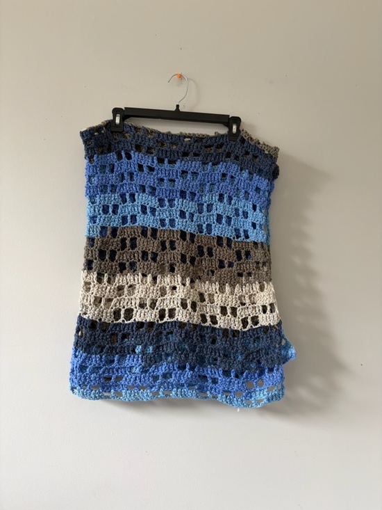 Handmade Other - Handmade Crochet Blanket Striped Shawl in Blues, Grey, Brown & Cream